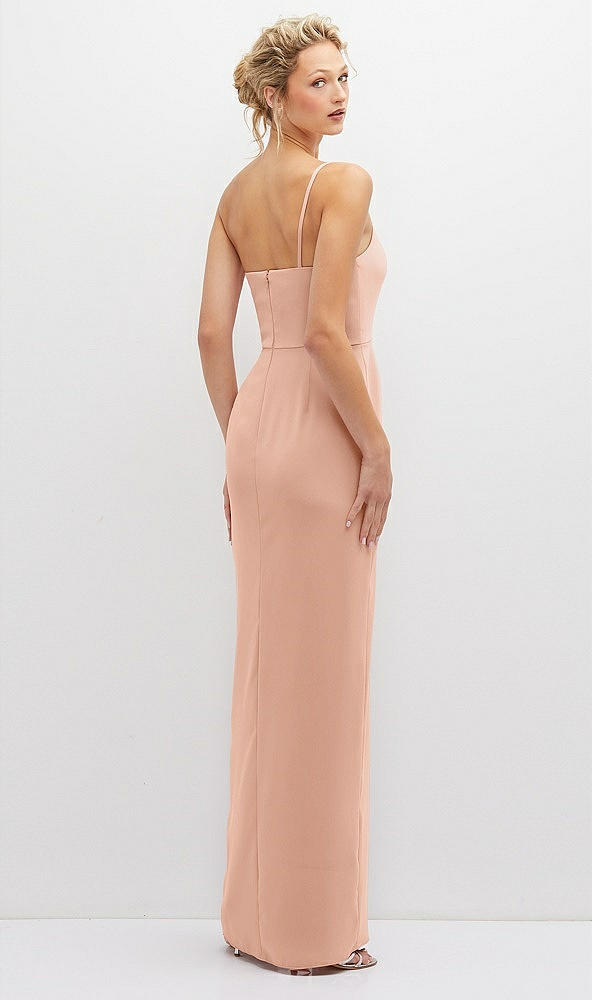 Back View - Pale Peach Sleek One-Shoulder Crepe Column Dress with Cut-Away Slit