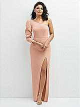 Front View Thumbnail - Pale Peach 3/4 Puff Sleeve One-shoulder Maxi Dress with Rhinestone Bow Detail