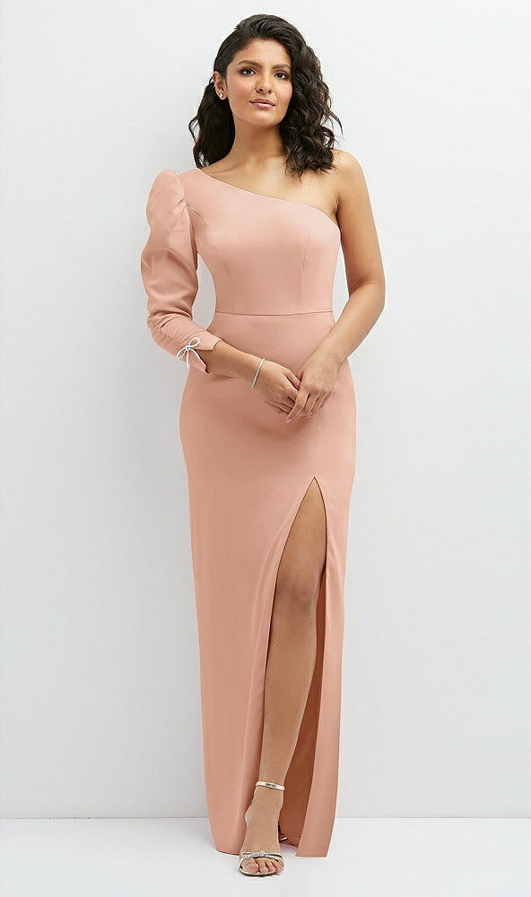 Front View - Pale Peach 3/4 Puff Sleeve One-shoulder Maxi Dress with Rhinestone Bow Detail