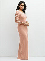 Side View Thumbnail - Pale Peach 3/4 Puff Sleeve One-shoulder Maxi Dress with Rhinestone Bow Detail