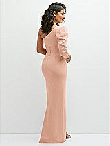 Rear View Thumbnail - Pale Peach 3/4 Puff Sleeve One-shoulder Maxi Dress with Rhinestone Bow Detail