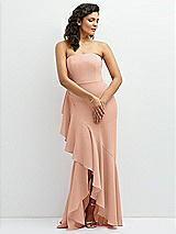 Front View Thumbnail - Pale Peach Strapless Crepe Maxi Dress with Ruffle Edge Bias Wrap Skirt