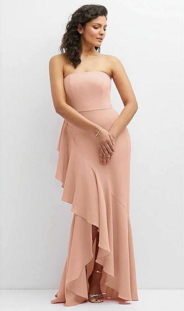 Front View - Pale Peach Strapless Crepe Maxi Dress with Ruffle Edge Bias Wrap Skirt