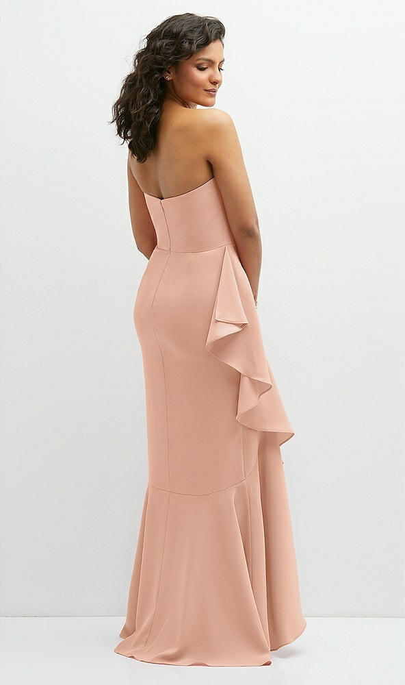 Back View - Pale Peach Strapless Crepe Maxi Dress with Ruffle Edge Bias Wrap Skirt