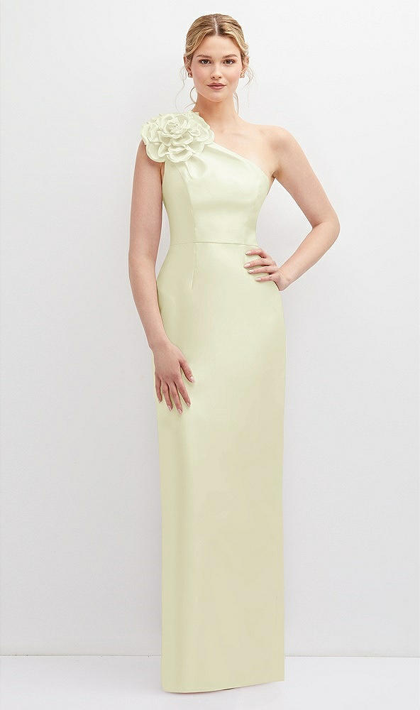 Front View - Butter Yellow Oversized Flower One-Shoulder Satin Column Dress