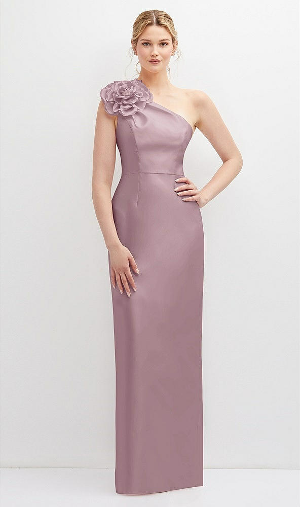 Front View - Dusty Rose Oversized Flower One-Shoulder Satin Column Dress