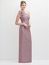 Side View Thumbnail - Dusty Rose Oversized Flower One-Shoulder Satin Column Dress