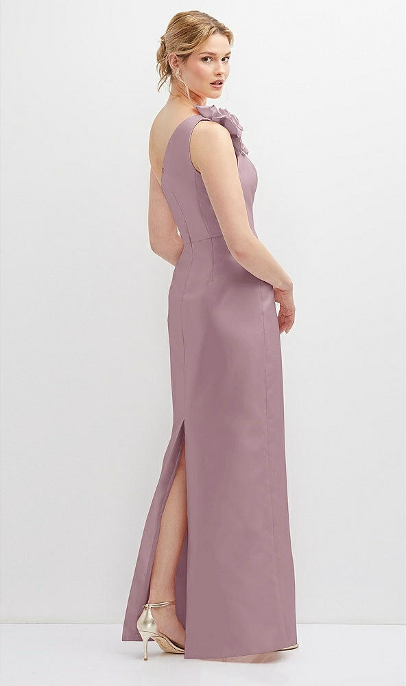 Back View - Dusty Rose Oversized Flower One-Shoulder Satin Column Dress