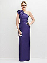 Front View Thumbnail - Grape Oversized Flower One-Shoulder Satin Column Dress