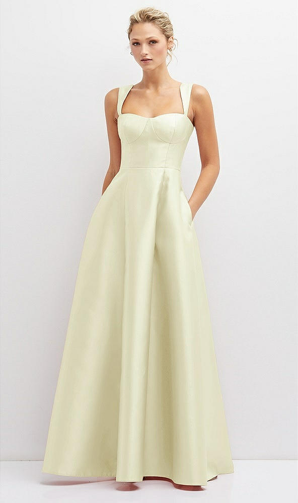 Front View - Butter Yellow Lace-Up Back Bustier Satin Dress with Full Skirt and Pockets