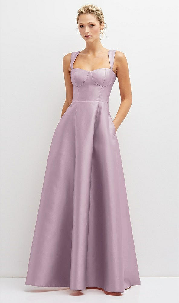 Front View - Suede Rose Lace-Up Back Bustier Satin Dress with Full Skirt and Pockets
