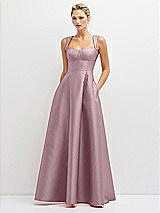 Front View Thumbnail - Dusty Rose Lace-Up Back Bustier Satin Dress with Full Skirt and Pockets
