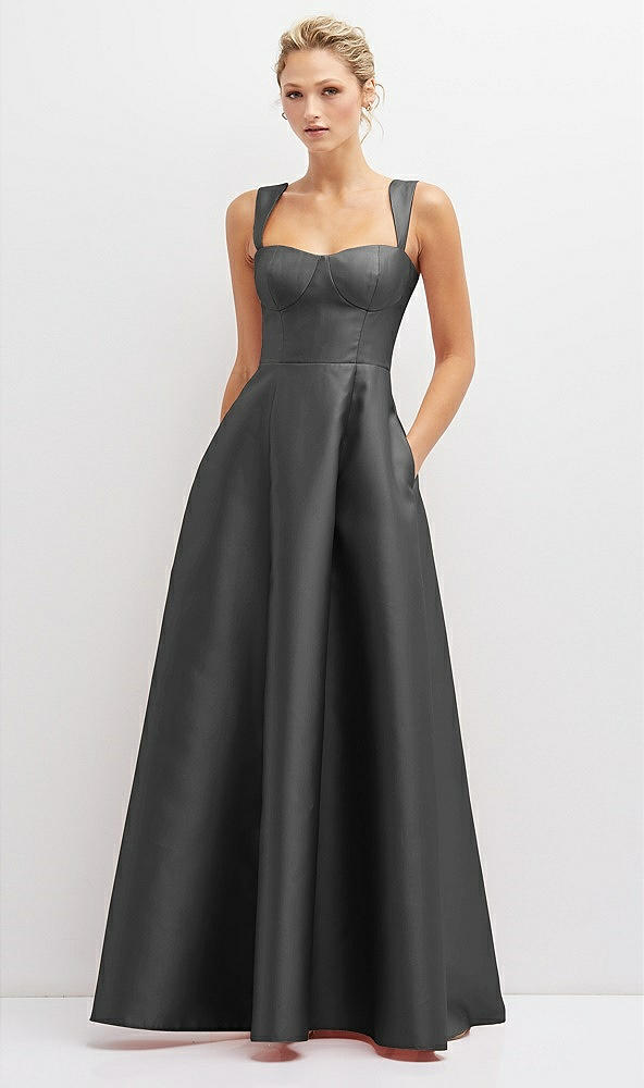Front View - Pewter Lace-Up Back Bustier Satin Dress with Full Skirt and Pockets