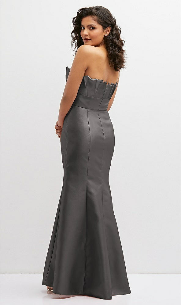 Back View - Caviar Gray Strapless Satin Fit and Flare Dress with Crumb-Catcher Bodice