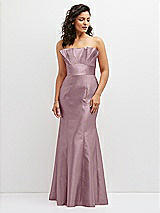 Front View Thumbnail - Dusty Rose Strapless Satin Fit and Flare Dress with Crumb-Catcher Bodice