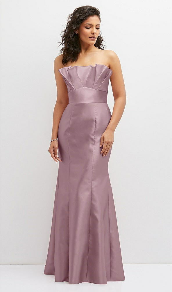 Front View - Dusty Rose Strapless Satin Fit and Flare Dress with Crumb-Catcher Bodice