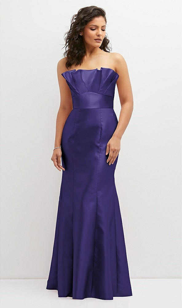 Front View - Grape Strapless Satin Fit and Flare Dress with Crumb-Catcher Bodice