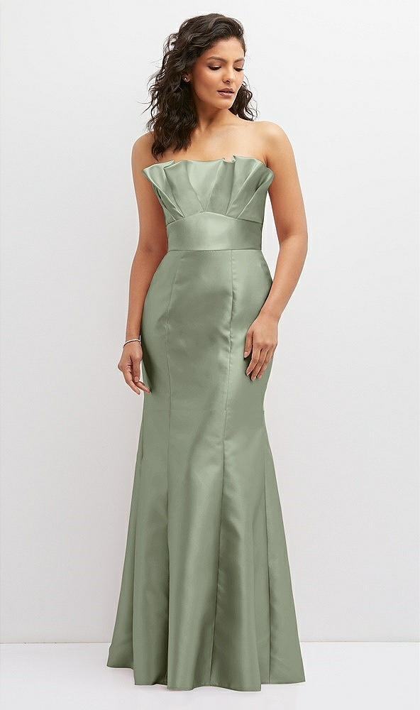 Front View - Sage Strapless Satin Fit and Flare Dress with Crumb-Catcher Bodice