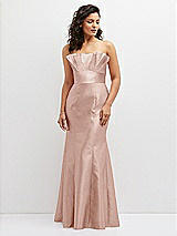 Front View Thumbnail - Toasted Sugar Strapless Satin Fit and Flare Dress with Crumb-Catcher Bodice