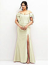 Front View Thumbnail - Butter Yellow Off-the-Shoulder Bow Satin Corset Dress with Fit and Flare Skirt