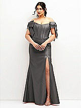 Front View Thumbnail - Caviar Gray Off-the-Shoulder Bow Satin Corset Dress with Fit and Flare Skirt