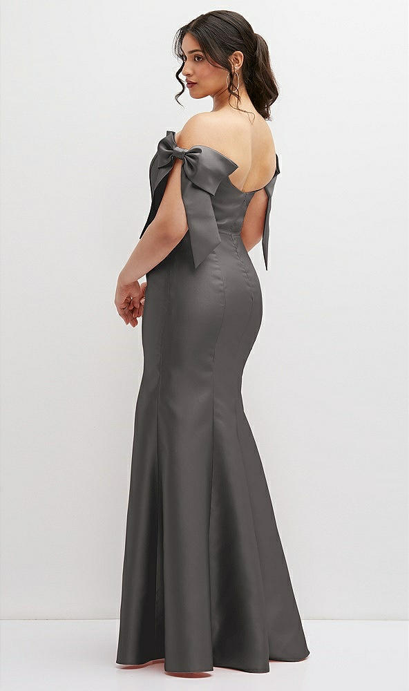 Back View - Caviar Gray Off-the-Shoulder Bow Satin Corset Dress with Fit and Flare Skirt