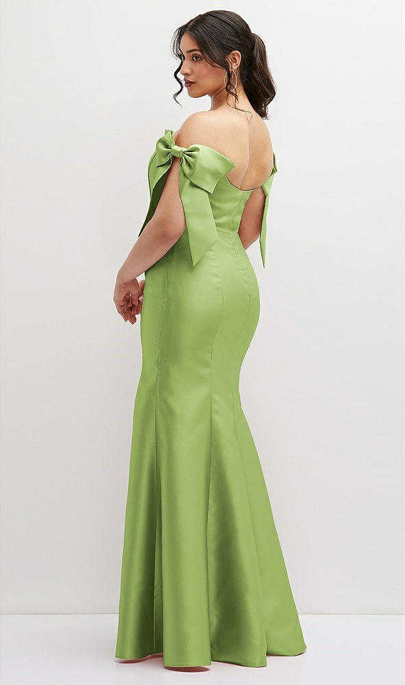 Back View - Mojito Off-the-Shoulder Bow Satin Corset Dress with Fit and Flare Skirt