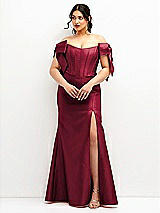 Front View Thumbnail - Burgundy Off-the-Shoulder Bow Satin Corset Dress with Fit and Flare Skirt