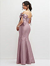 Rear View Thumbnail - Dusty Rose Off-the-Shoulder Bow Satin Corset Dress with Fit and Flare Skirt