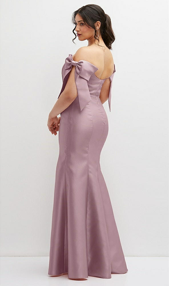 Back View - Dusty Rose Off-the-Shoulder Bow Satin Corset Dress with Fit and Flare Skirt