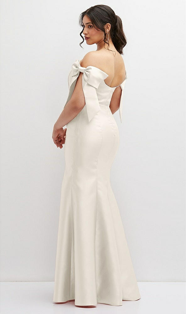 Back View - Ivory Off-the-Shoulder Bow Satin Corset Dress with Fit and Flare Skirt