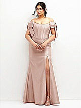 Front View Thumbnail - Toasted Sugar Off-the-Shoulder Bow Satin Corset Dress with Fit and Flare Skirt