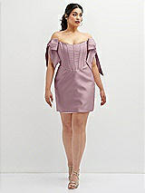 Alt View 2 Thumbnail - Dusty Rose Satin Off-the-Shoulder Bow Corset Fit and Flare Mini Dress