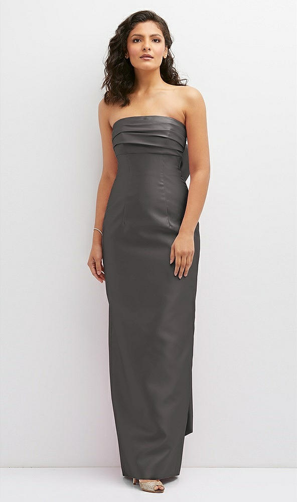 Front View - Caviar Gray Strapless Draped Bodice Column Dress with Oversized Bow