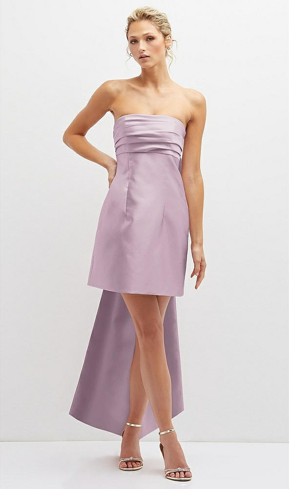 Front View - Suede Rose Strapless Satin Column Mini Dress with Oversized Bow