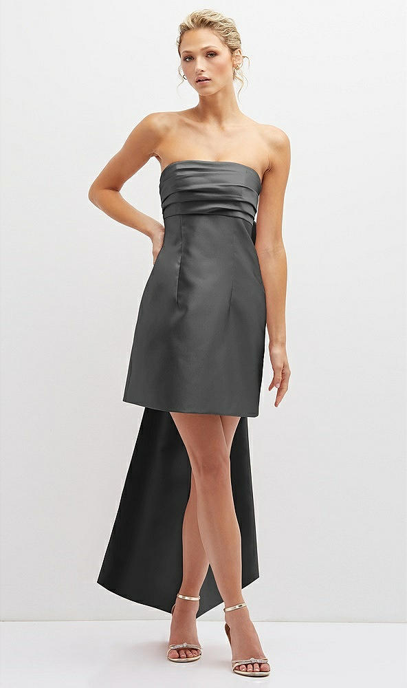 Front View - Pewter Strapless Satin Column Mini Dress with Oversized Bow