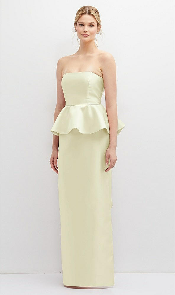 Front View - Butter Yellow Strapless Satin Maxi Dress with Cascade Ruffle Peplum Detail