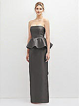 Front View Thumbnail - Caviar Gray Strapless Satin Maxi Dress with Cascade Ruffle Peplum Detail
