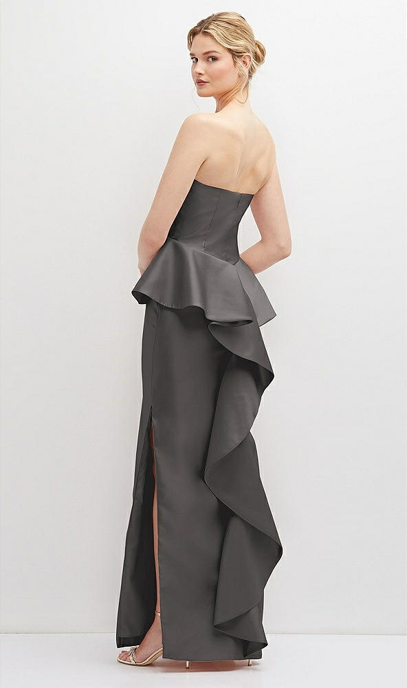 Back View - Caviar Gray Strapless Satin Maxi Dress with Cascade Ruffle Peplum Detail