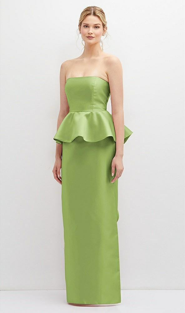 Front View - Mojito Strapless Satin Maxi Dress with Cascade Ruffle Peplum Detail
