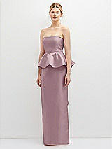 Front View Thumbnail - Dusty Rose Strapless Satin Maxi Dress with Cascade Ruffle Peplum Detail
