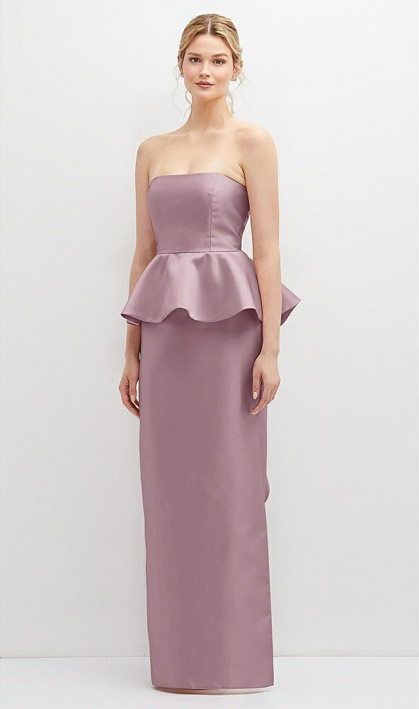 Front View - Dusty Rose Strapless Satin Maxi Dress with Cascade Ruffle Peplum Detail