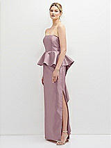 Side View Thumbnail - Dusty Rose Strapless Satin Maxi Dress with Cascade Ruffle Peplum Detail