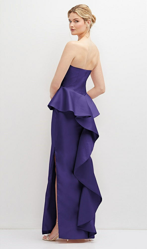 Back View - Grape Strapless Satin Maxi Dress with Cascade Ruffle Peplum Detail