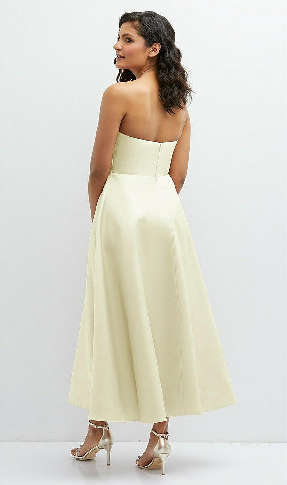 Back View - Butter Yellow Draped Bodice Strapless Satin Midi Dress with Full Circle Skirt