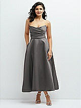Front View Thumbnail - Caviar Gray Draped Bodice Strapless Satin Midi Dress with Full Circle Skirt