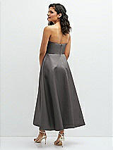 Rear View Thumbnail - Caviar Gray Draped Bodice Strapless Satin Midi Dress with Full Circle Skirt