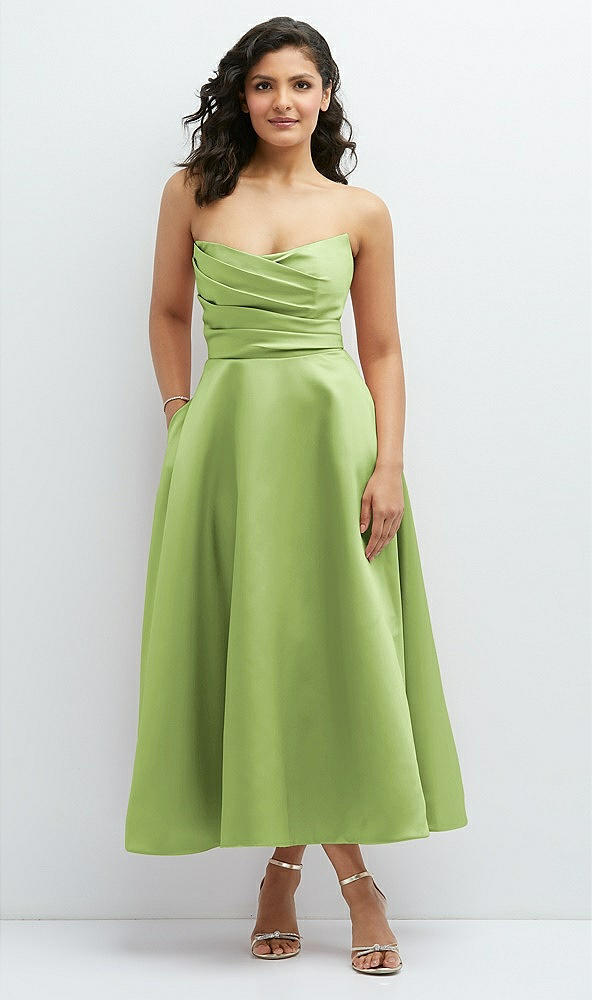 Front View - Mojito Draped Bodice Strapless Satin Midi Dress with Full Circle Skirt