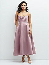 Front View Thumbnail - Dusty Rose Draped Bodice Strapless Satin Midi Dress with Full Circle Skirt