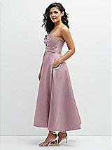 Side View Thumbnail - Dusty Rose Draped Bodice Strapless Satin Midi Dress with Full Circle Skirt